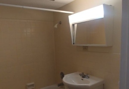 apartment bathroom with grey walls, white toilet, vanity with white sink, and white tile shower and bath combo there is no shower curtain as the apartment is ready for rent