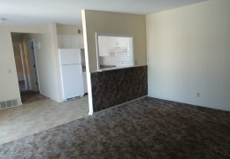 entry room of an apartment with dark carpet floors and cream walls. There is light flowing in from the windows and it is empty of furniture and ready for rent