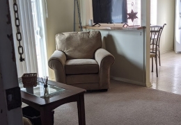 apartment living room with sliding glass door along one wall and open kitchen and dining area in the back there is a tan loveseat and coffee table the walls and carpet are cream and there is light streaming in from the door