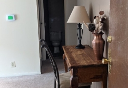 apartment entry way leading to a hallway. the walls are cream and the ceiling is white. there is a wood table along one wall with a chair lamp and flowers