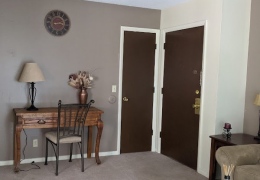 apartment entry way. there are two dark entry doors next to each other with one grey wall and one cream wall. there is a wood table along one wall with a chair lamp and flowers