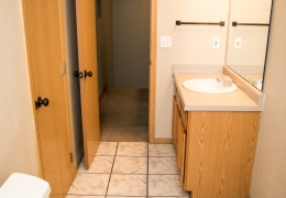 apartment bathroom with grey walls, white toilet, and vanity with a white sink and a mirror and lighting above it