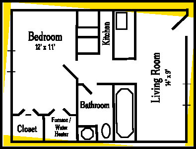 floor plan of a one bedroom apartment. there are spaces for a living room, kitchen, bedroom, bathroom and closet