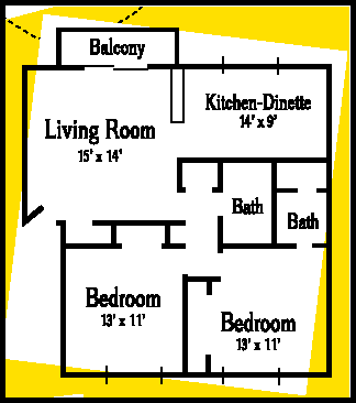floor plan of a two bedroom apartment. there are spaces for a living room, kitchen, 2 bedrooms, 2 bathrooms and balcony