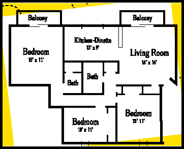 floor plan of a three bedroom apartment. there are spaces for a living room, kitchen, 3 bedrooms, 2 bathrooms and 2 balconies.
