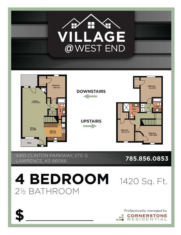 floor plan of 1420 square feet 4 bedroom apartment showing upstairs and downstairs layouts