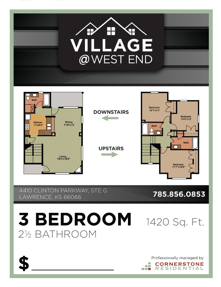 floor plan of 1420 square feet 3 bedroom apartment showing upstairs and downstairs layouts